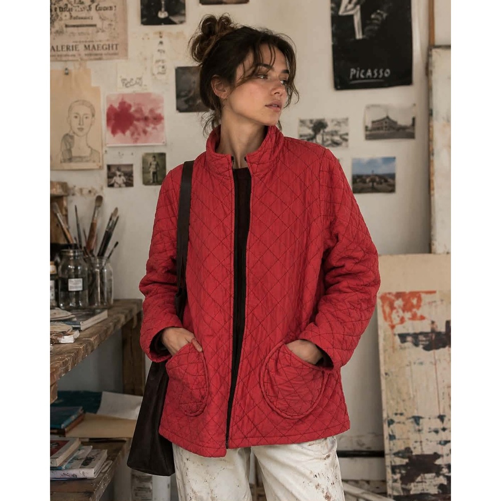 Cut Loose Quilted Jacket S/M Coral Red Rayon Made in USA Lagenlook Art to Wear